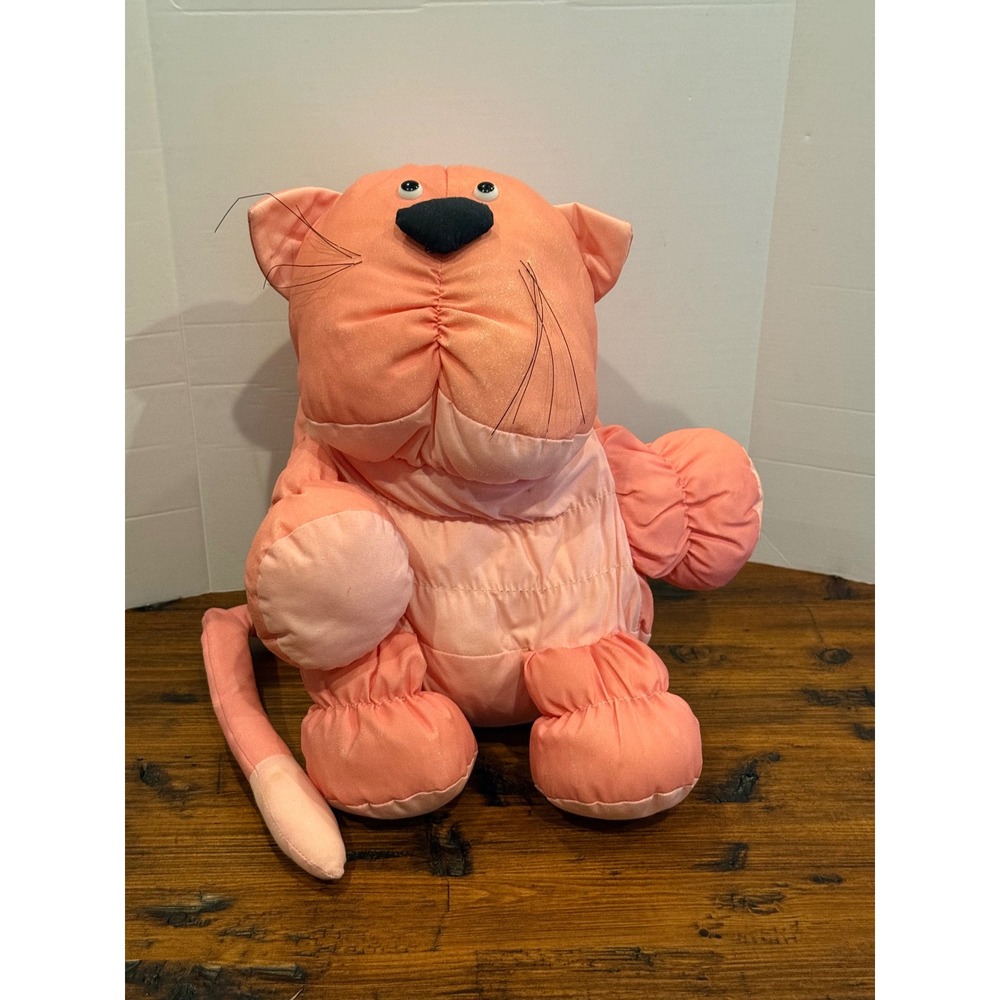 Vintage 1986 Applause Puffles Cat Plush Peach Quilted Stuffed Animal 7277